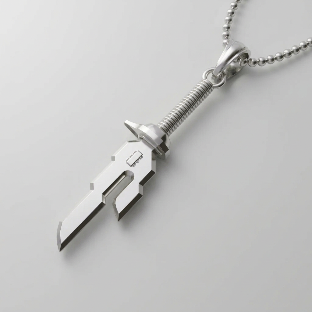 Silver sword-shaped pendant on a chain against a light gray background