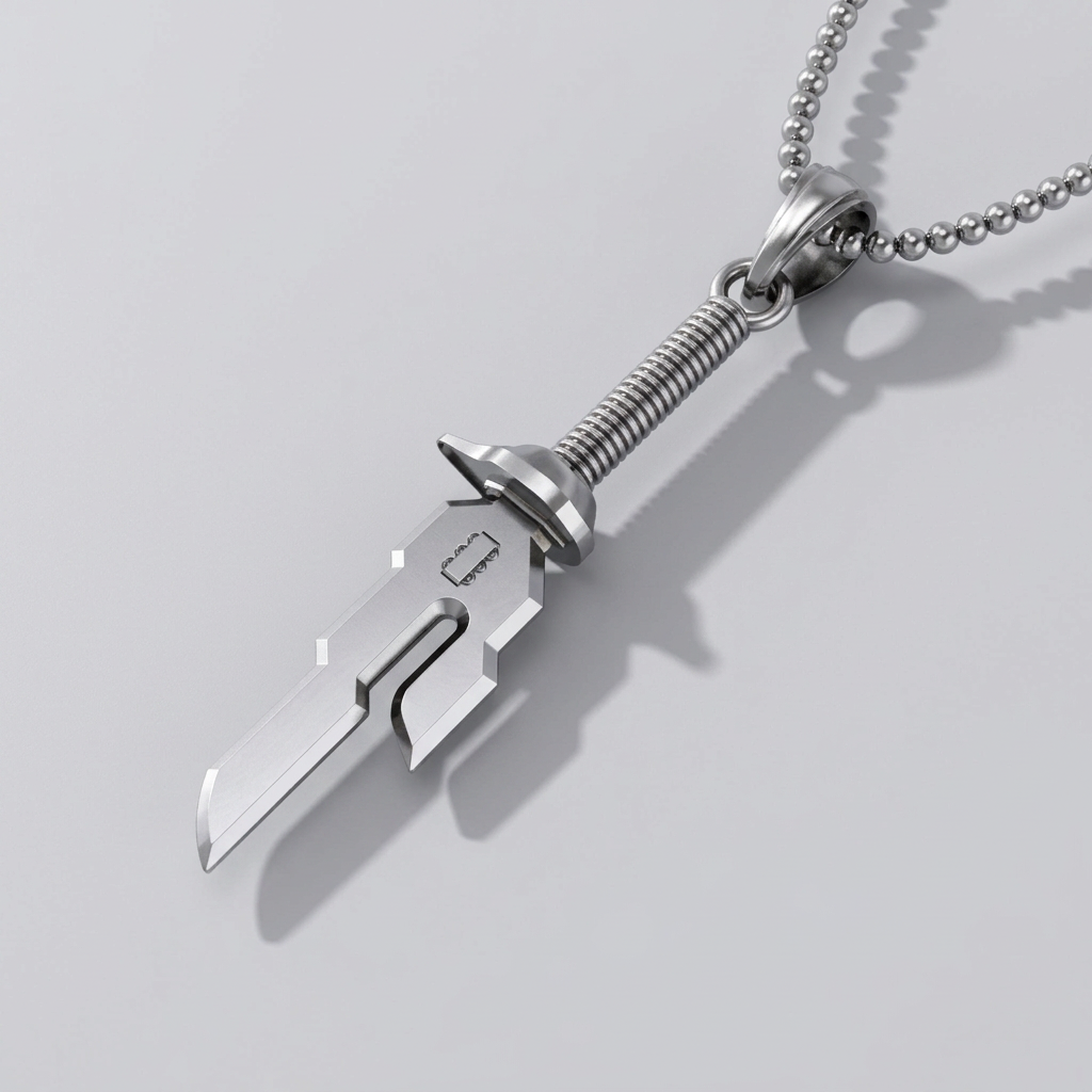 Silver sword-shaped pendant on a chain against a white background
