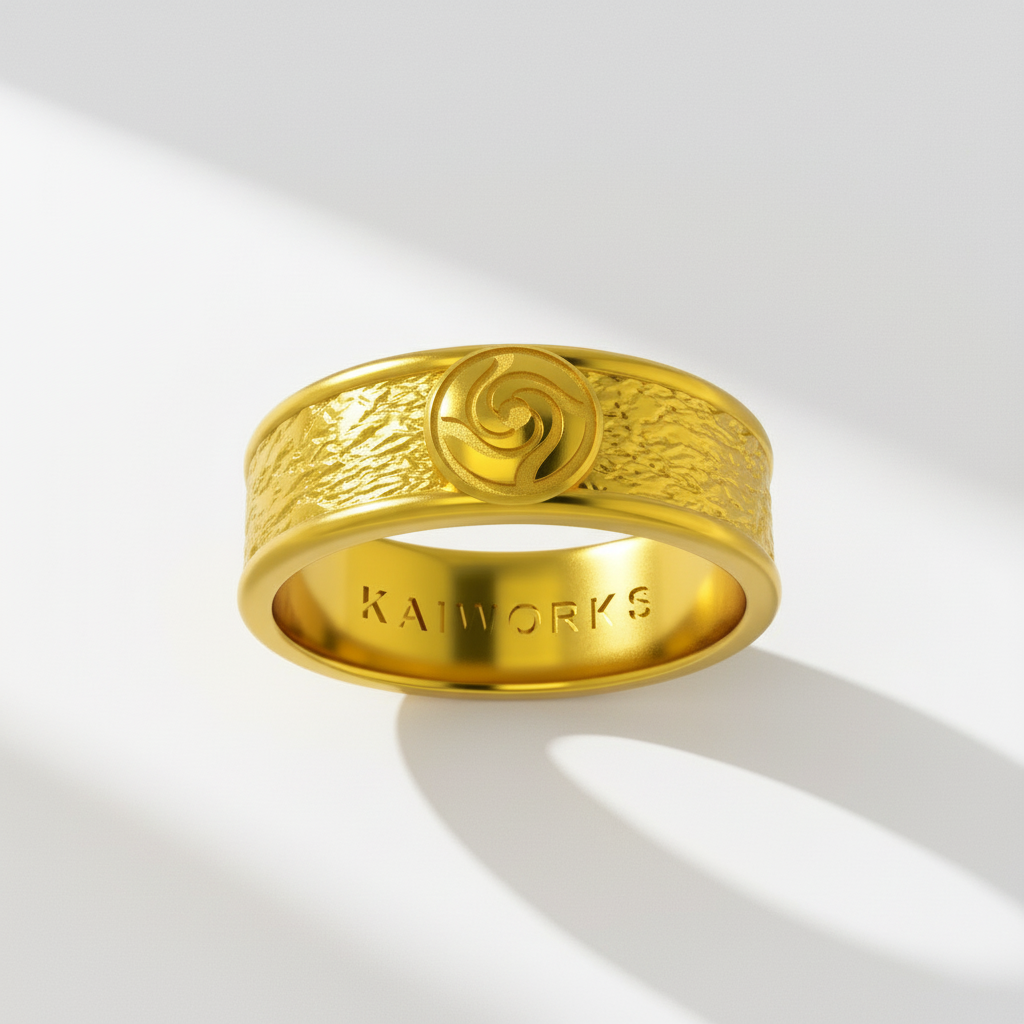 A gold ring with intricate designs and the text 'KANJI TS' on the side, set against a background featuring an anime character from Jujutsu Kaisen.