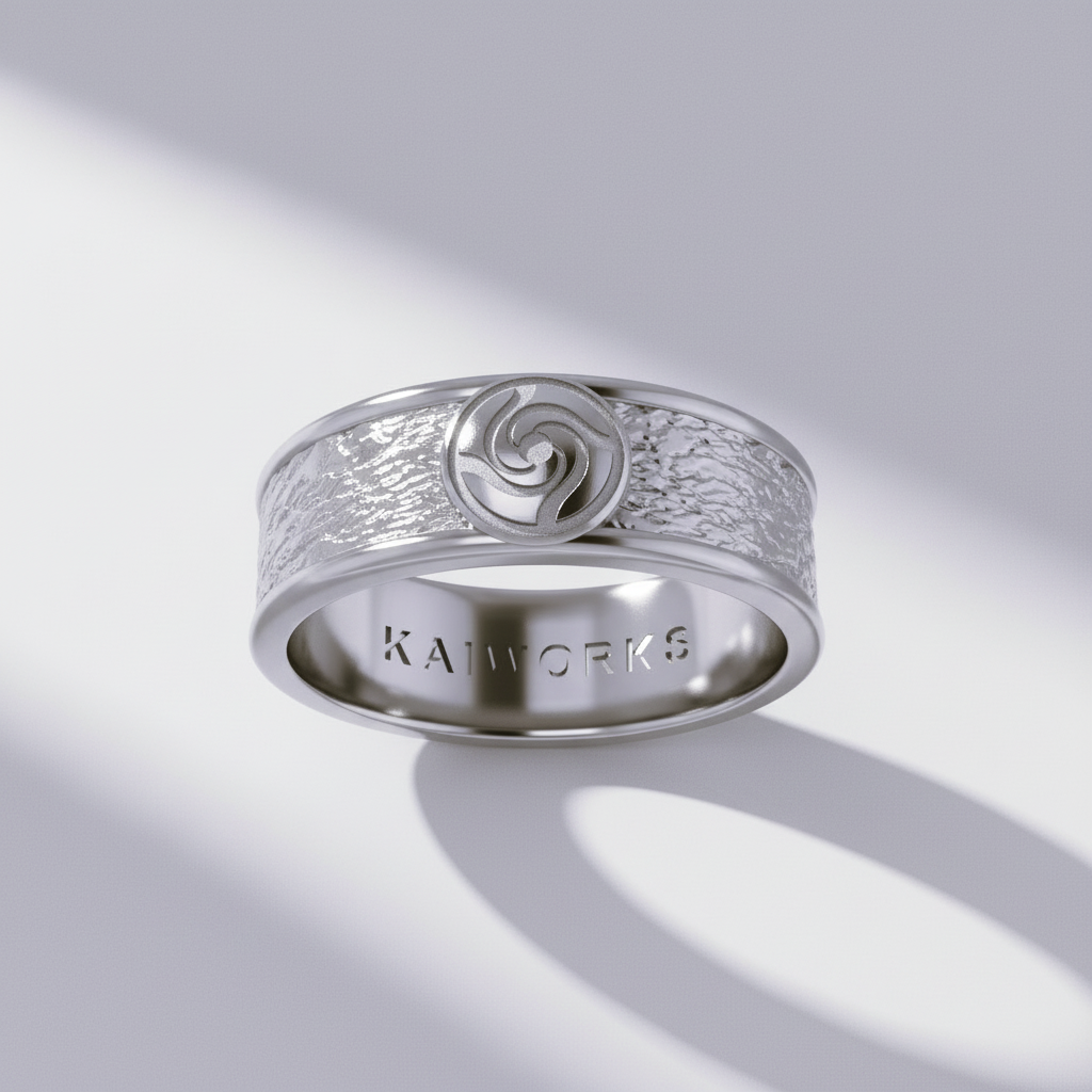 A gold ring with intricate designs and the text 'KANJI TS' on the side, set against a background featuring an anime character from Jujutsu Kaisen.