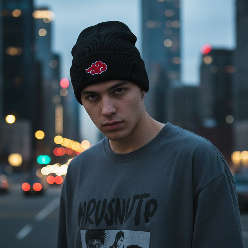Person wearing a black beanie with a red symbol and a gray sweatshirt in an urban setting at night.
