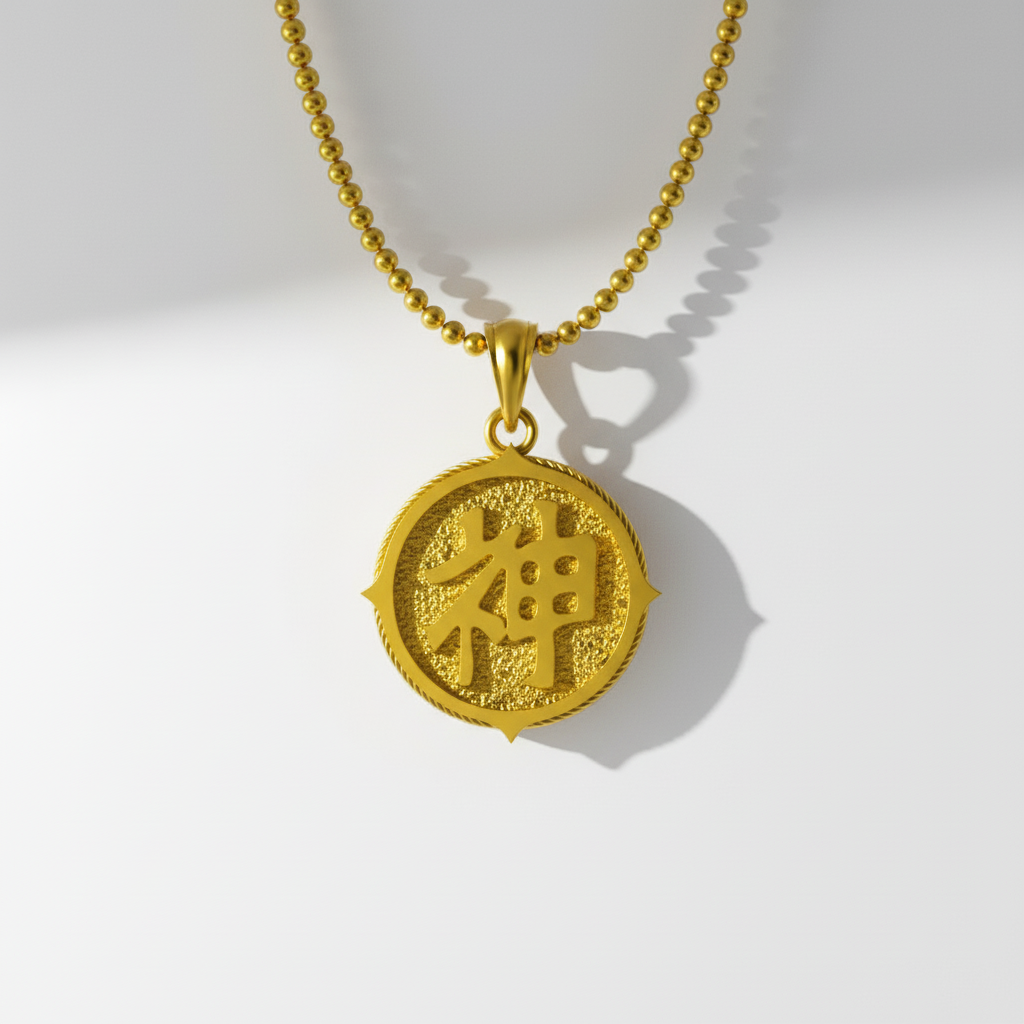 A silver pendant with a Kanji symbol on it, displayed against an artistic background resembling a stylized landscape or scene.
