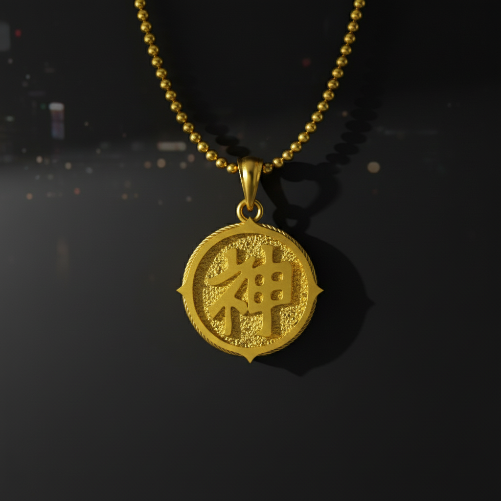 Gold pendant necklace with a symbol on a dark background