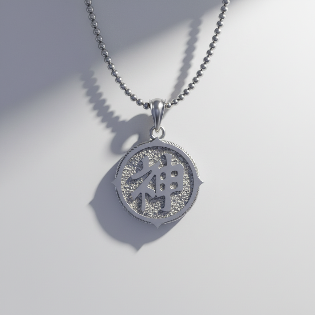 A silver pendant with a Kanji symbol on it, displayed against an artistic background resembling a stylized landscape or scene.
