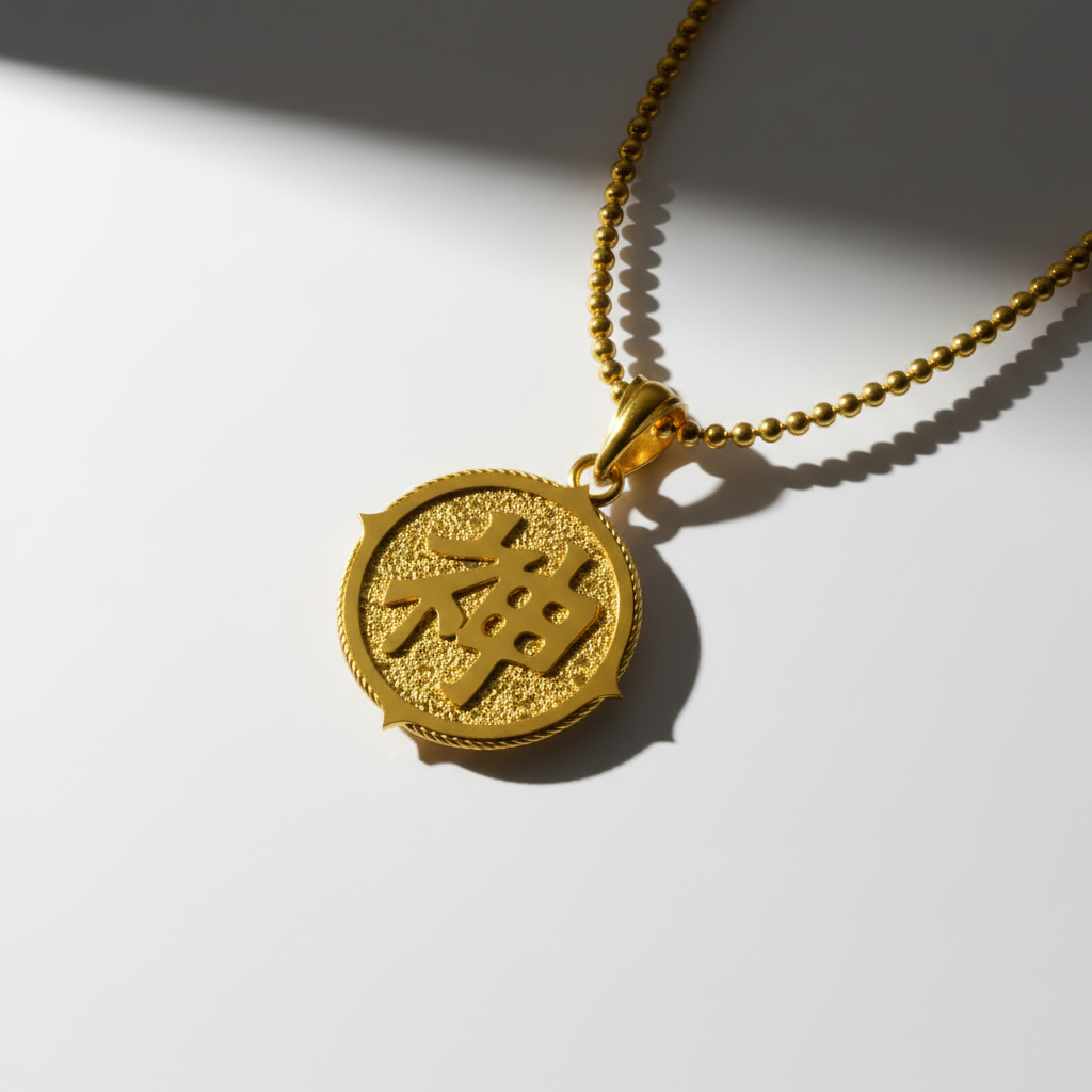 Gold pendant necklace on a white background