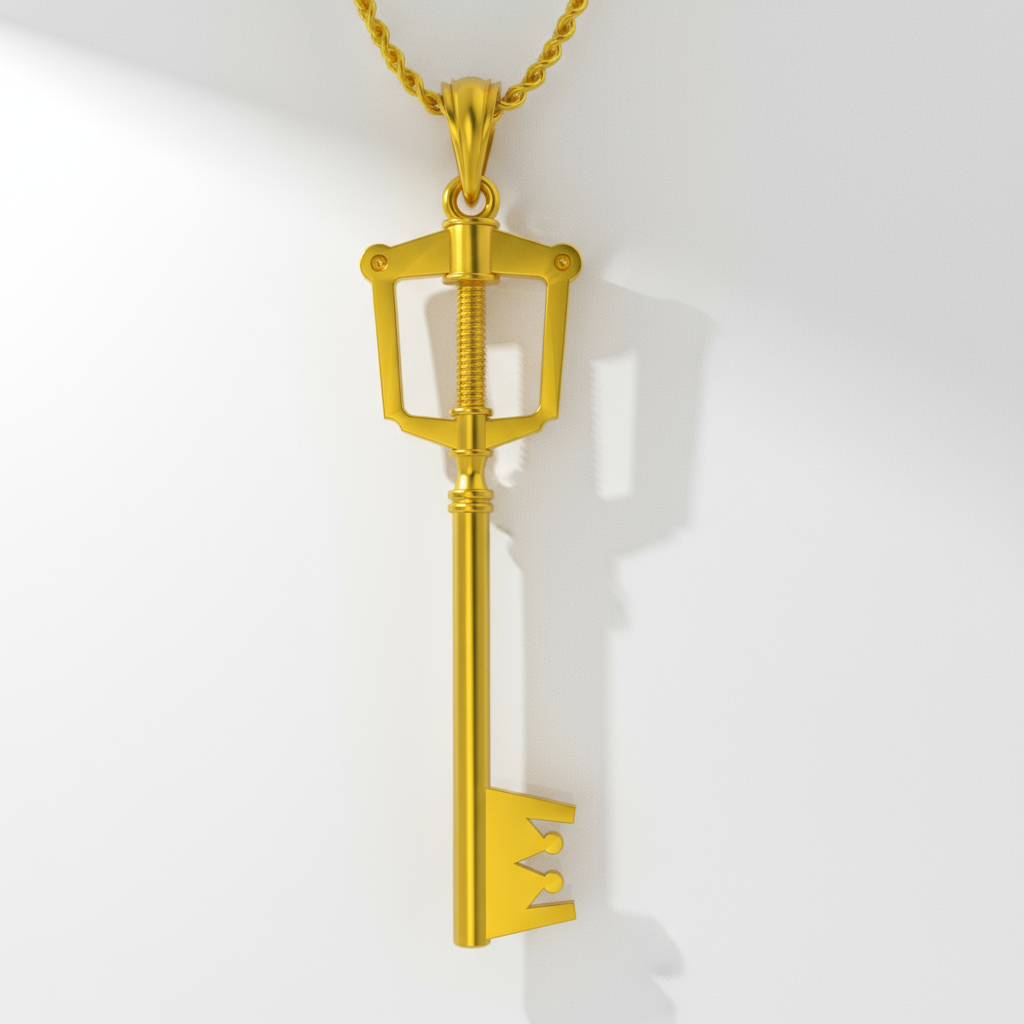 The Keyblade Pendant - KH Gaming Inspired, a gold 925 sterling silver necklace, featuring intricate design and luxurious finish.
