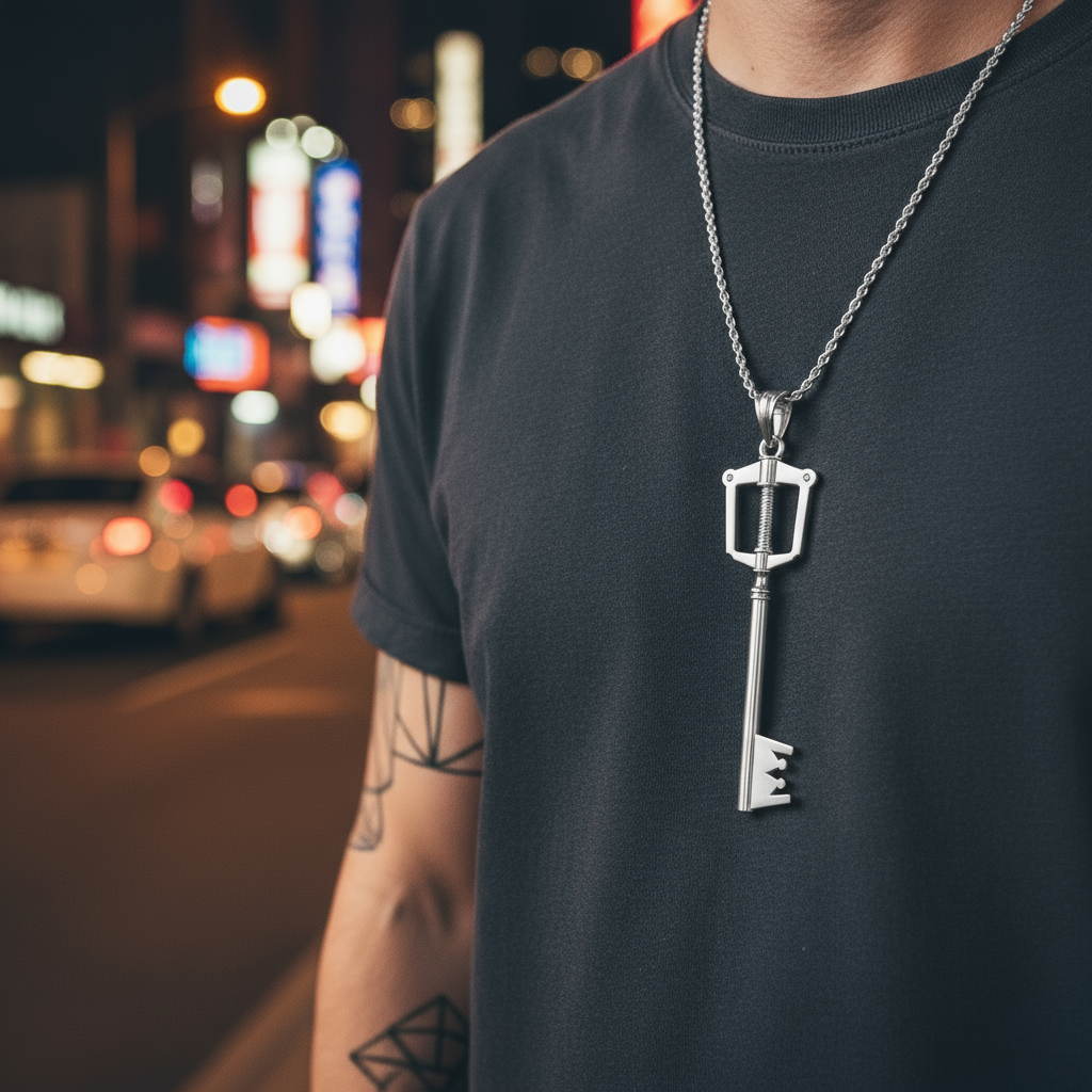 The Keyblade Pendant - KH Gaming Inspired worn by a person against a blurred cityscape, highlighting its design and craftsmanship.