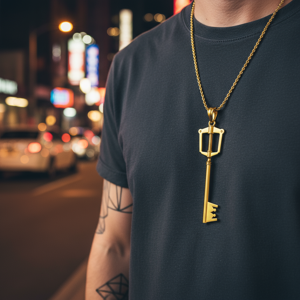 The Keyblade Pendant - KH Gaming Inspired featuring a gold key necklace displayed on a person in a city setting.