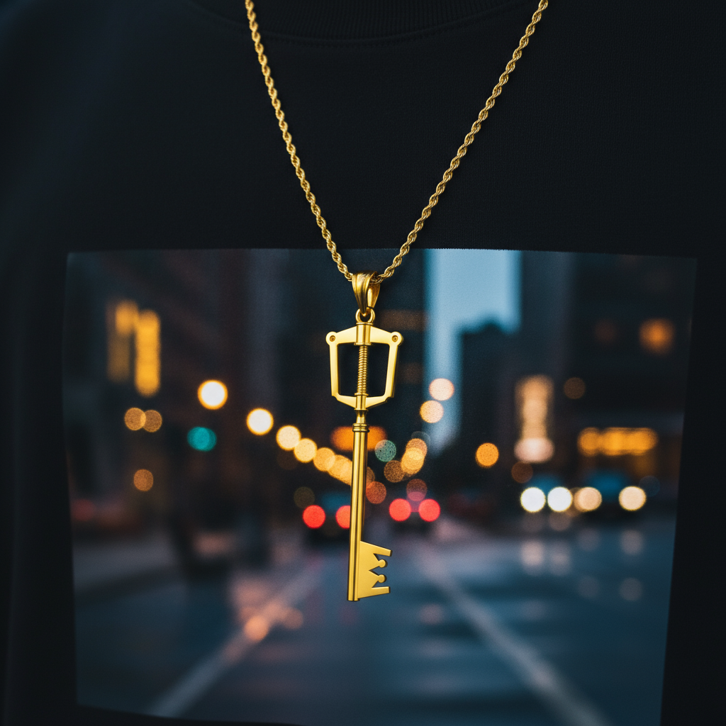 The Keyblade Pendant - KH Gaming Inspired necklace in gold on street with blurred lights.