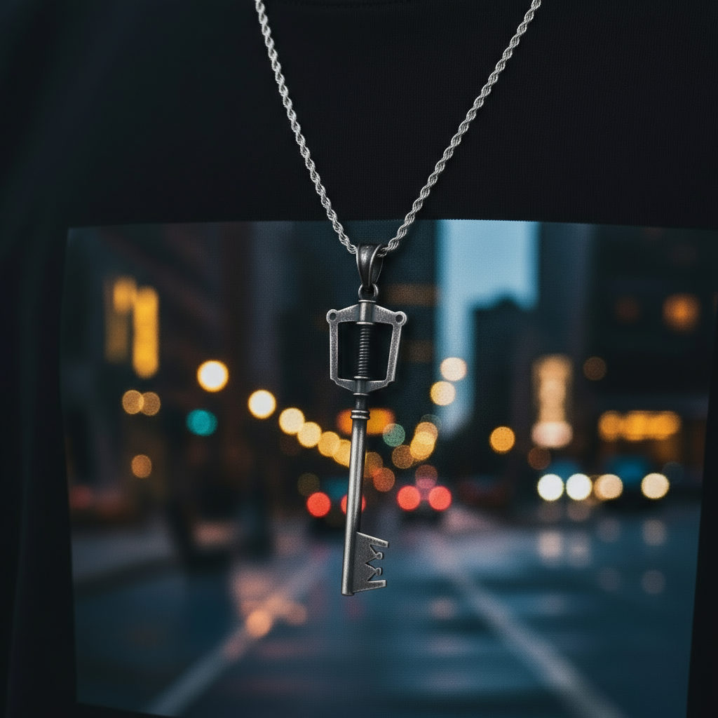 The Keyblade Pendant - KH Gaming Inspired hanging on a chain against a blurred city background.