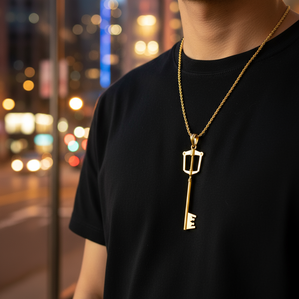 The Keyblade Pendant - KH Gaming Inspired worn on a person, showcasing its gold finish and detailed design.