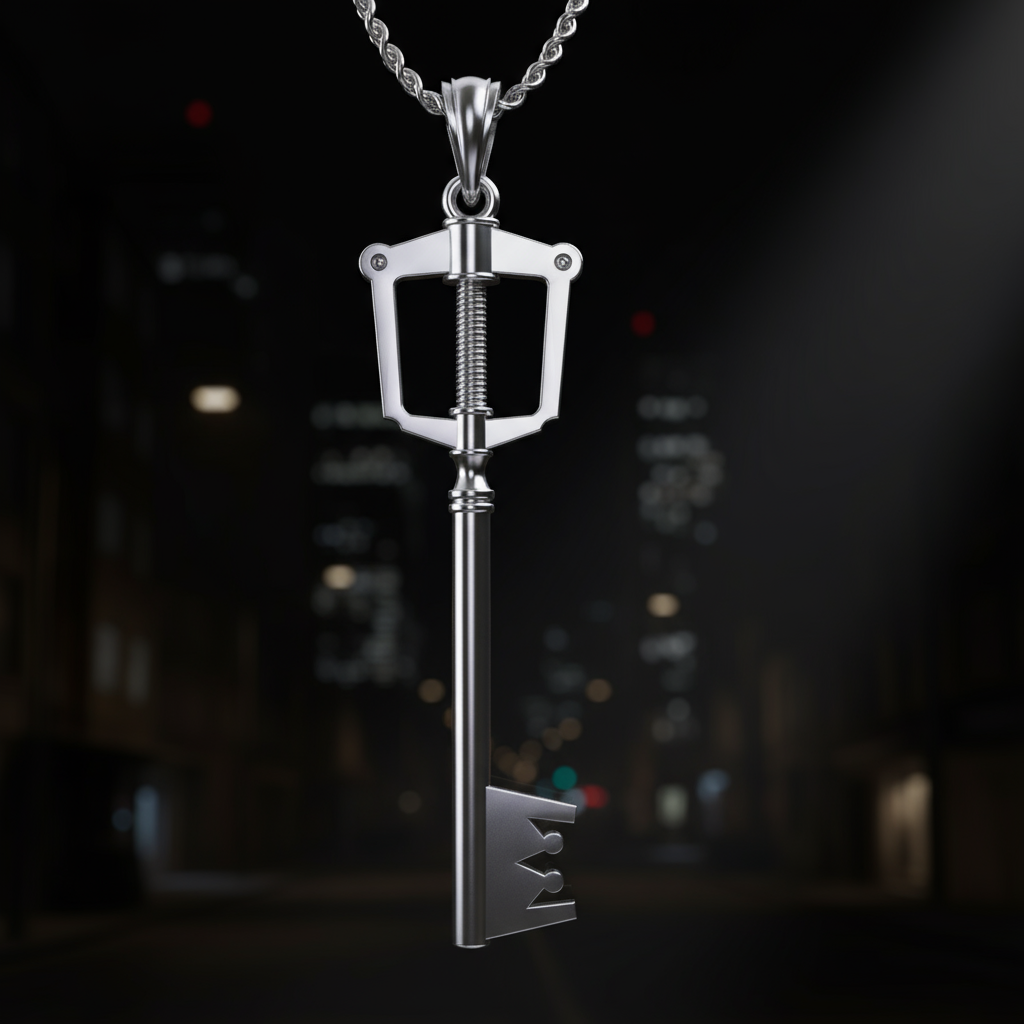 The Keyblade Pendant - KH Gaming Inspired hanging on a chain in a city at night, featuring solid 925 sterling silver.