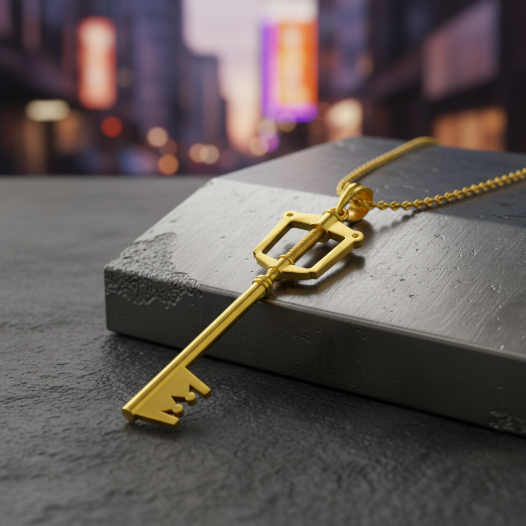 The Keyblade Pendant - KH Gaming Inspired in solid 925 sterling silver with 18K gold vermeil, showcased on a stone surface.