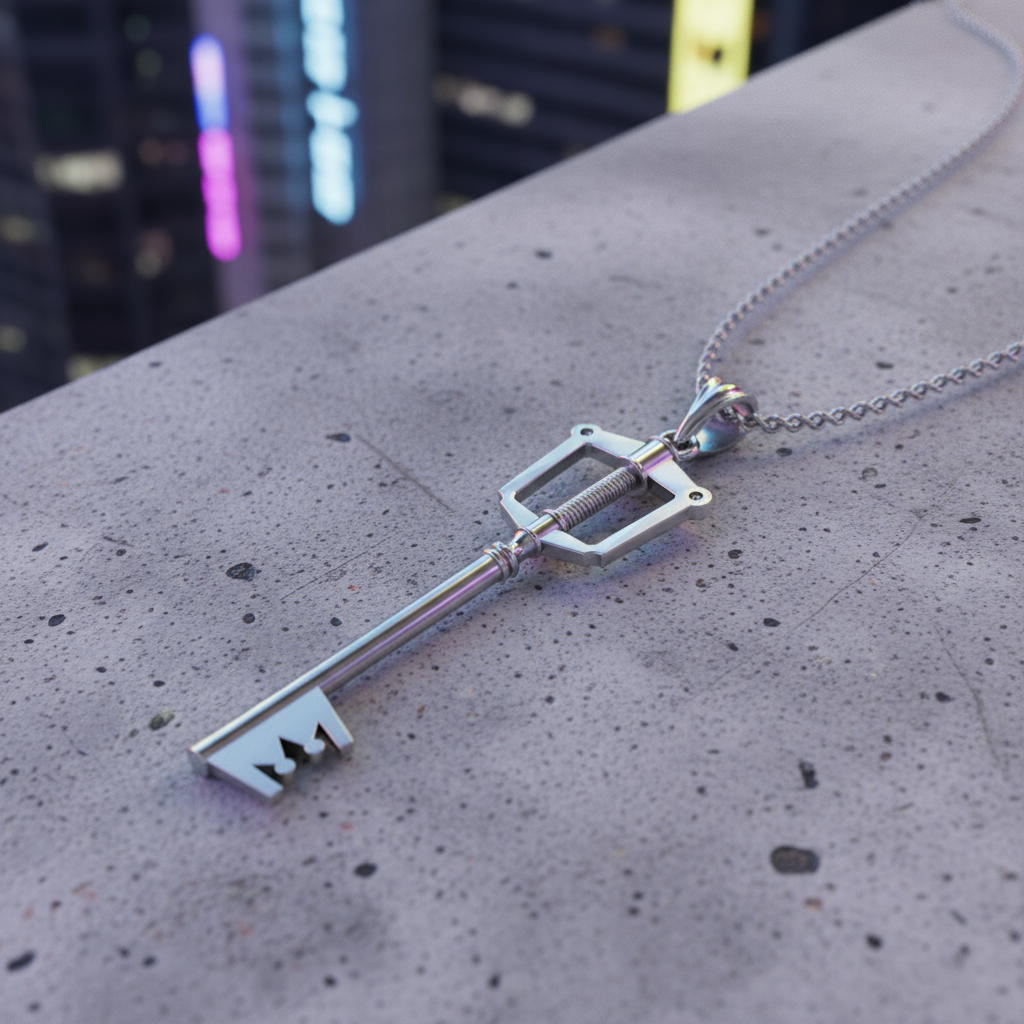 The Keyblade Pendant - KH Gaming Inspired displayed on a city background, showcasing its intricate design and shine.