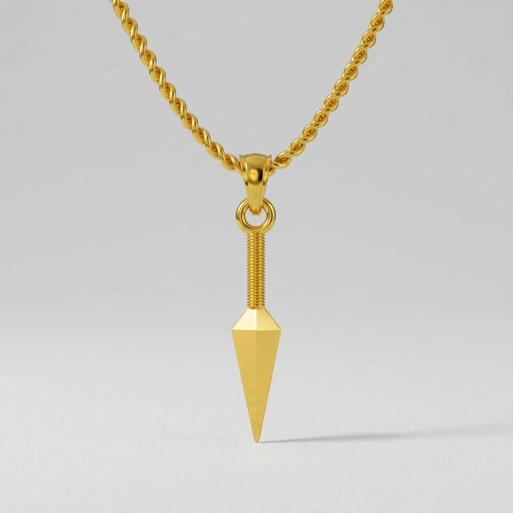 A silver pendant featuring a shinobi kunai with a bandaged handle and a ring at the pommel, set against a illustrated background featuring elements from the anime world.