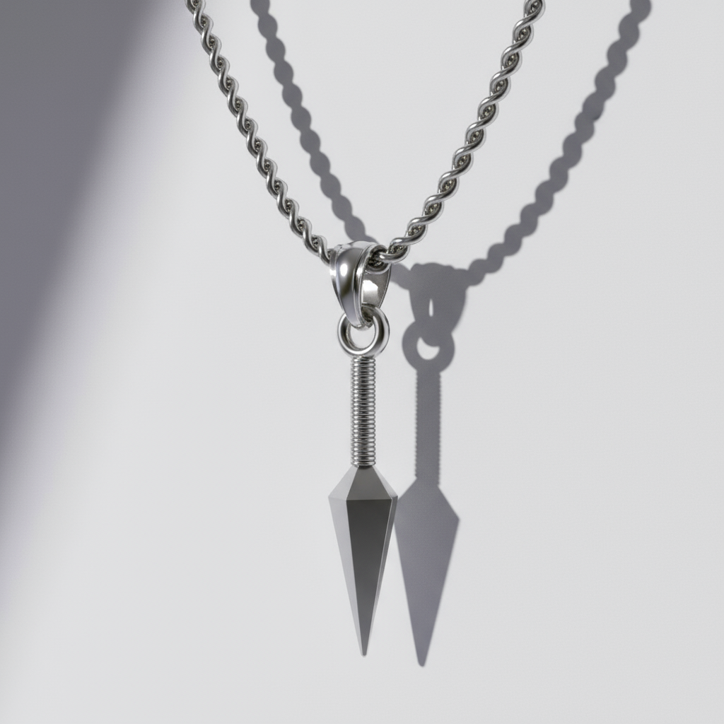 A silver pendant featuring a shinobi kunai with a bandaged handle and a ring at the pommel, set against a illustrated background featuring elements from the anime world.