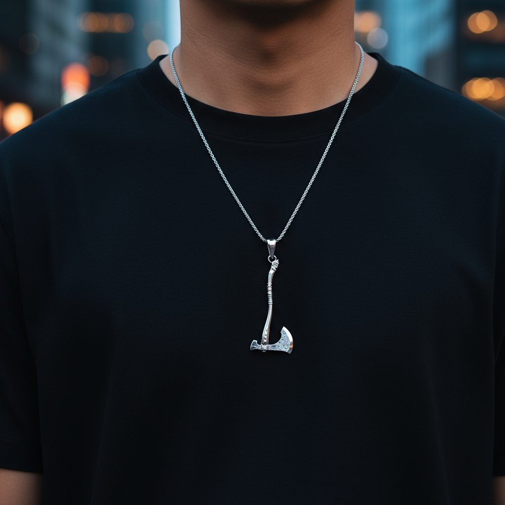 Person wearing a black shirt with a silver necklace featuring a unique pendant.