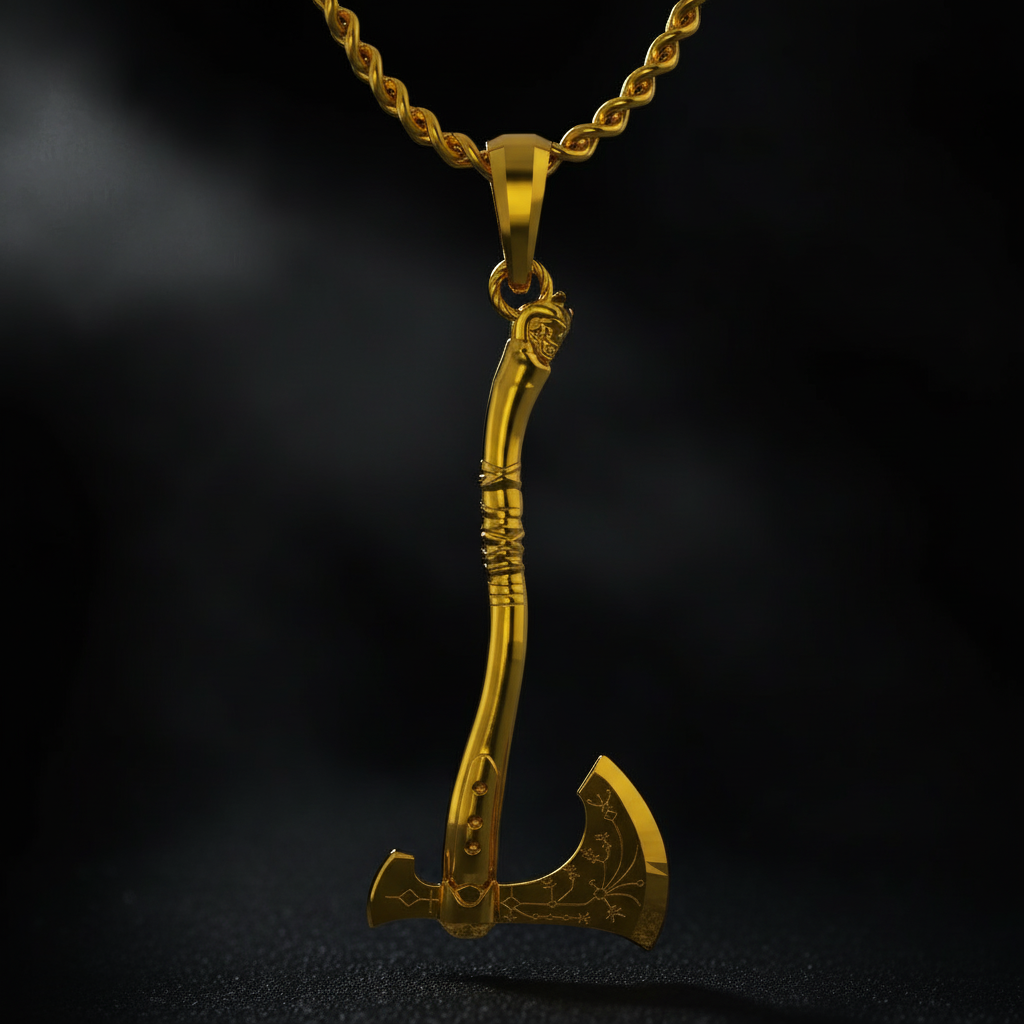 Gold double-headed axe pendant on a dark background