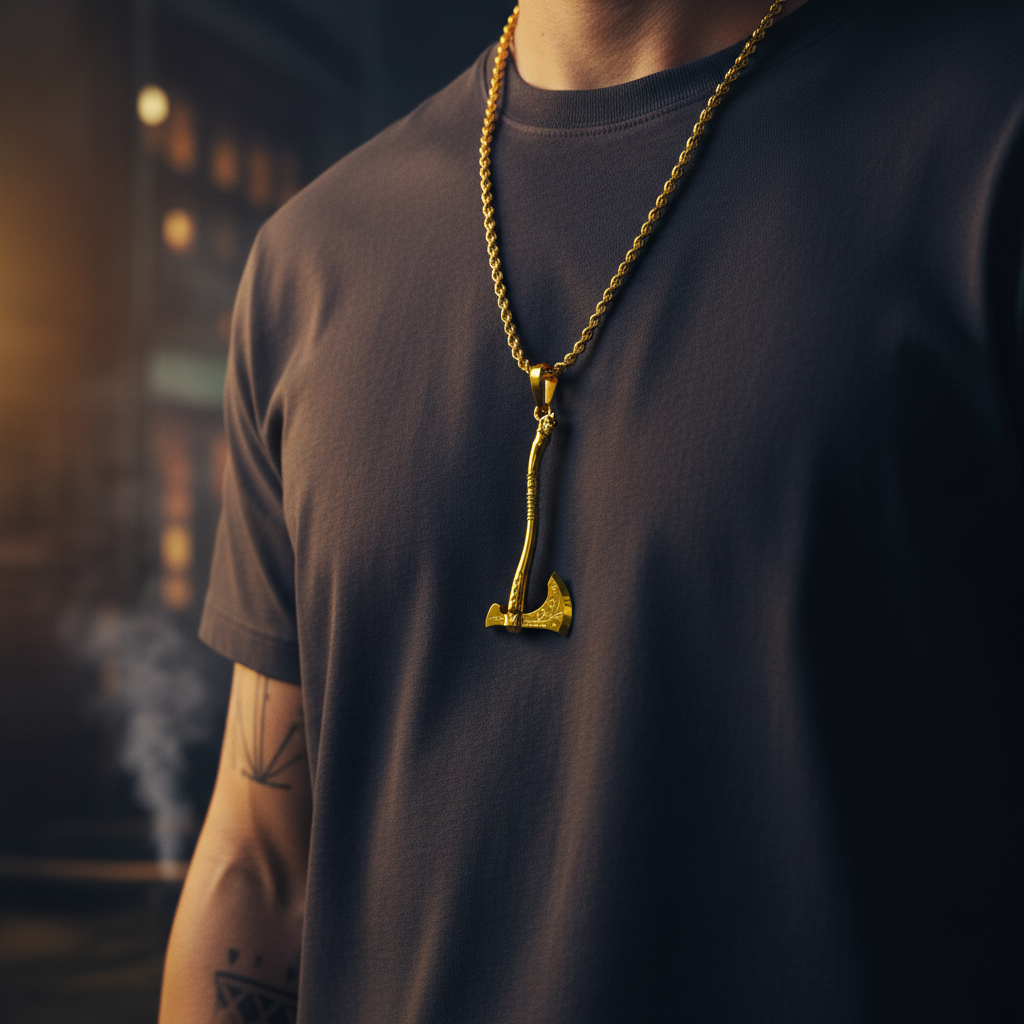 Person wearing a dark t-shirt with a gold necklace featuring a unique pendant.