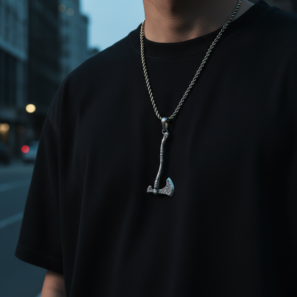 Person wearing a black t-shirt with a unique necklace featuring an axe pendant on a blurred city street background.