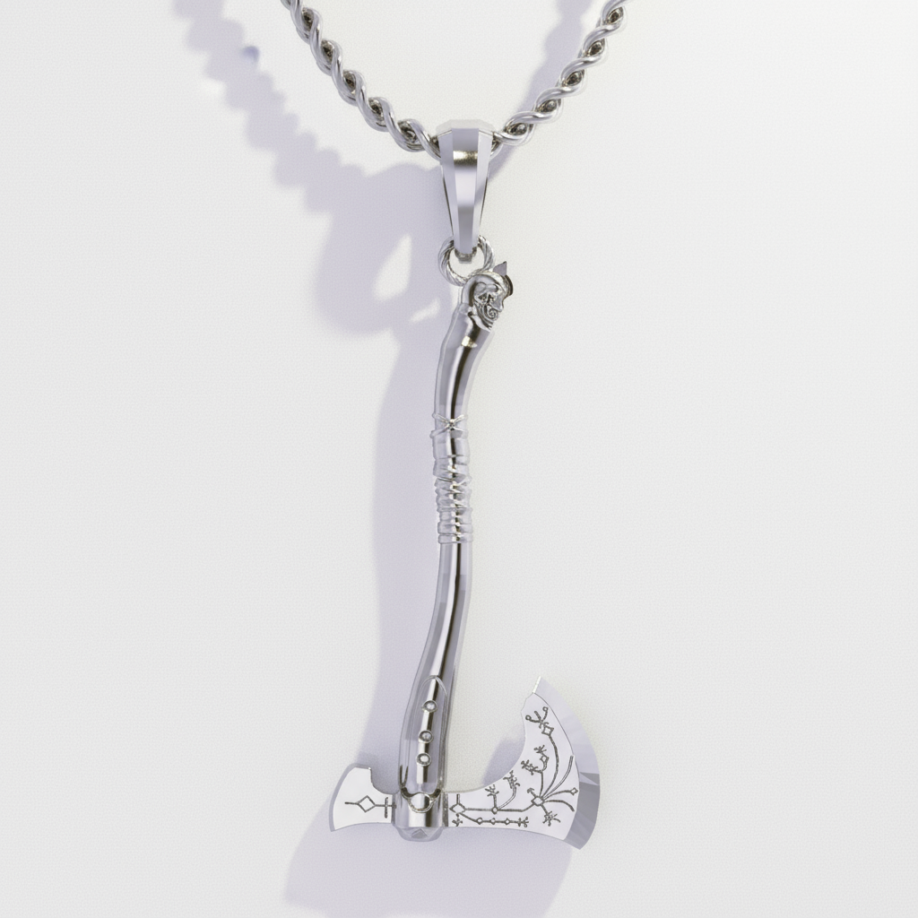 Silver axe-shaped pendant on a chain against a white background