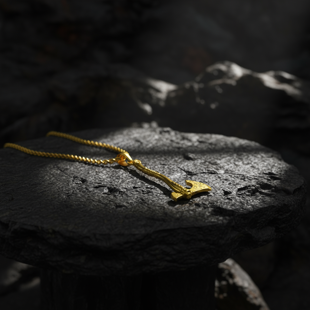 A 14K gold Norse warrior axe pendant with a highly polished finish, displayed against a dramatic backdrop.