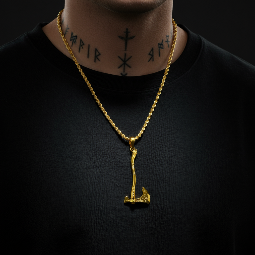 Gold necklace with a pendant on a black background
