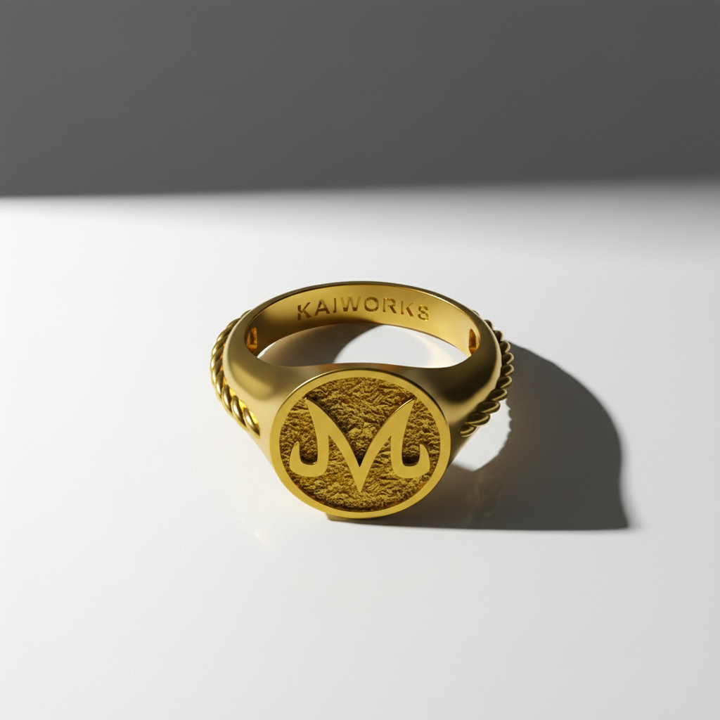 A ring with a central emblem, set against a dramatic background featuring darkened details and a rocky backdrop.