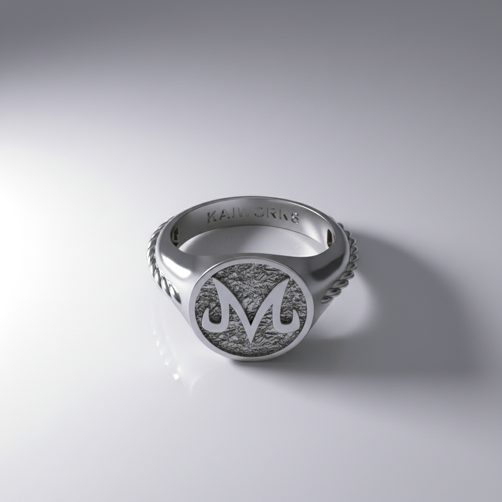 Silver ring with 'M' engraving on a gray background