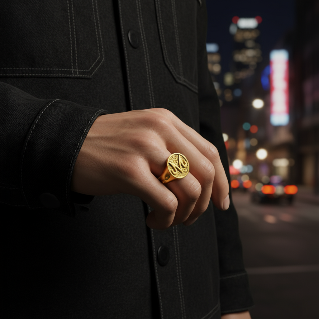 Hand wearing a gold ring with a cityscape in the background