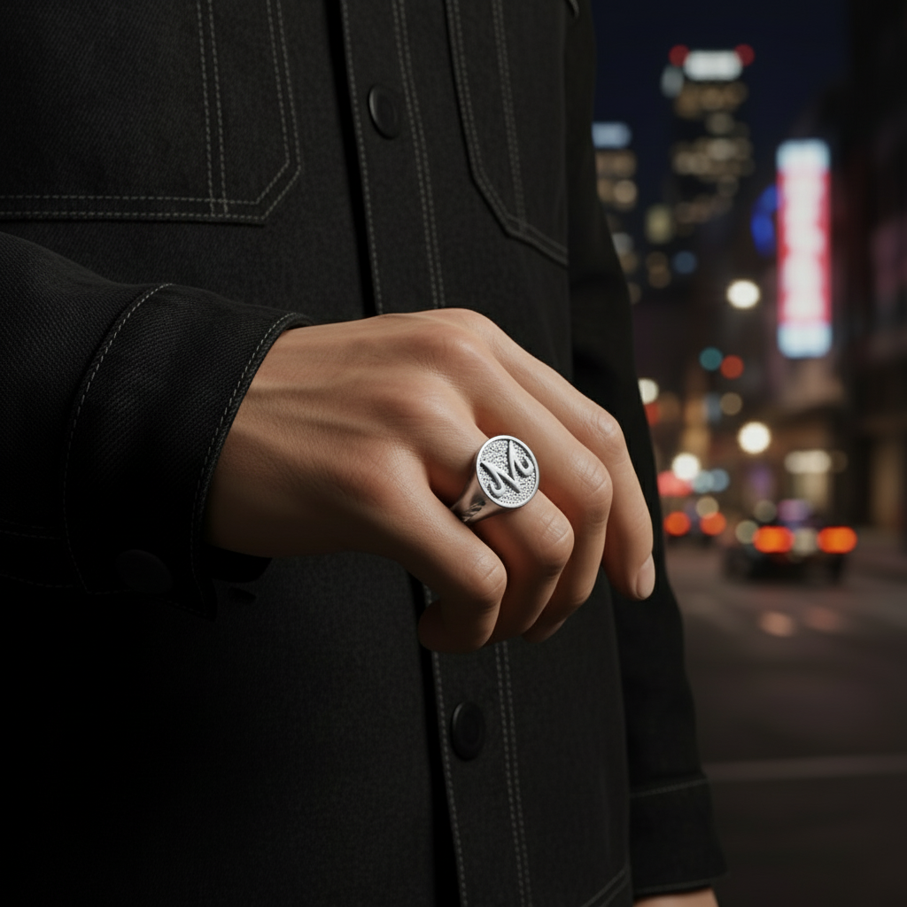 Hand wearing a silver ring with a blurred city street background