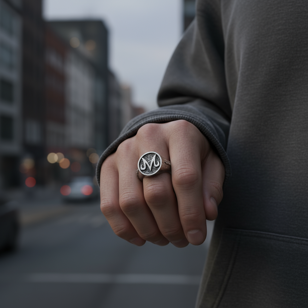 Hand wearing a ring with a blurred city street background
