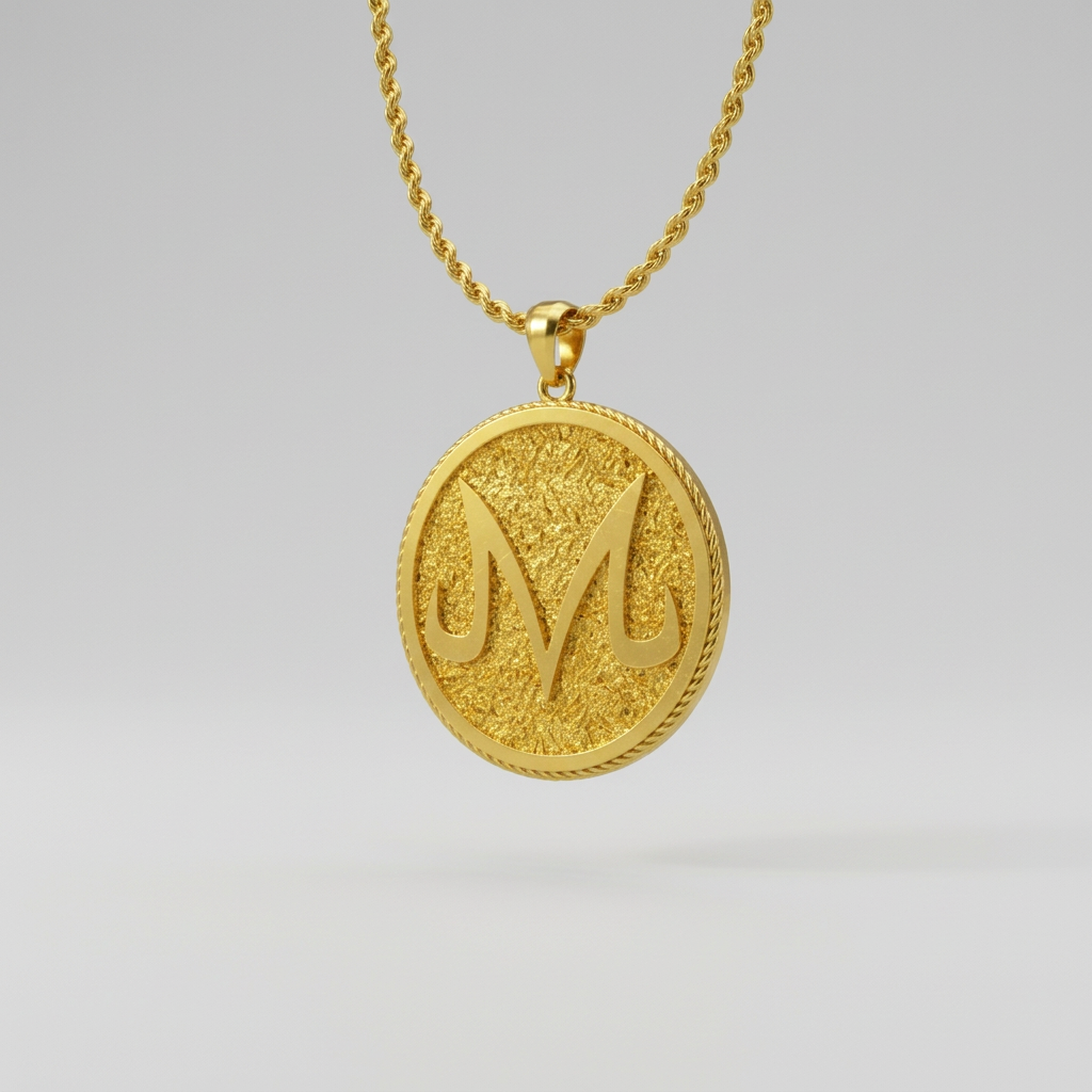The Majin M Pendant in 18K gold vermeil with an intricate design and a matching chain.