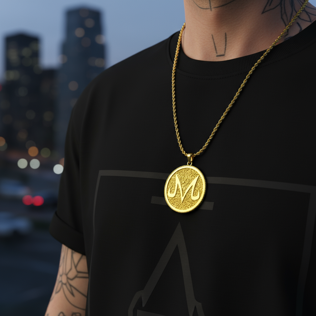 The Majin M Pendant worn on a black t-shirt, showcasing its luxurious 18K gold vermeil finish in an urban setting.