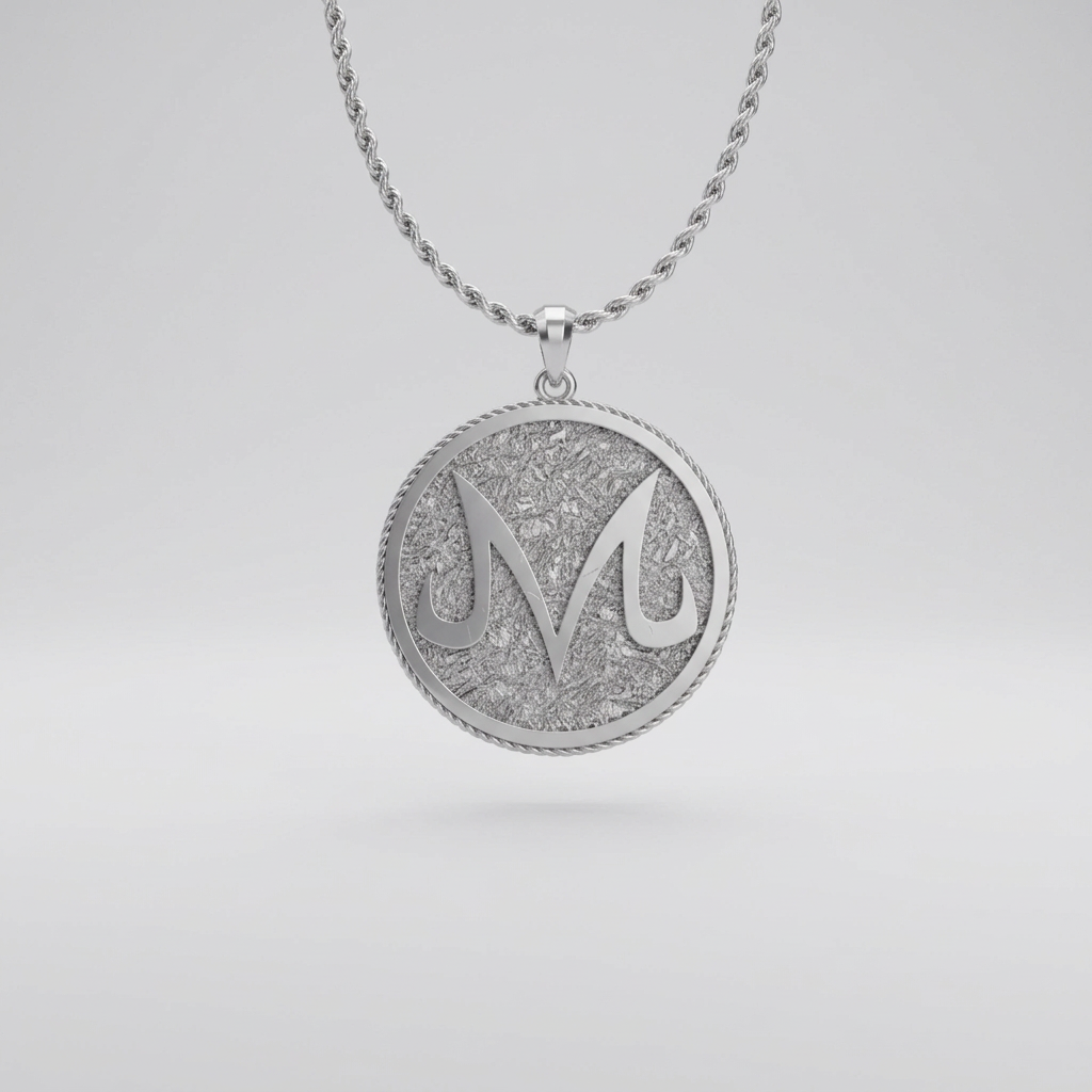 The Majin M Pendant in solid 925 sterling silver with intricate design and textured finish.