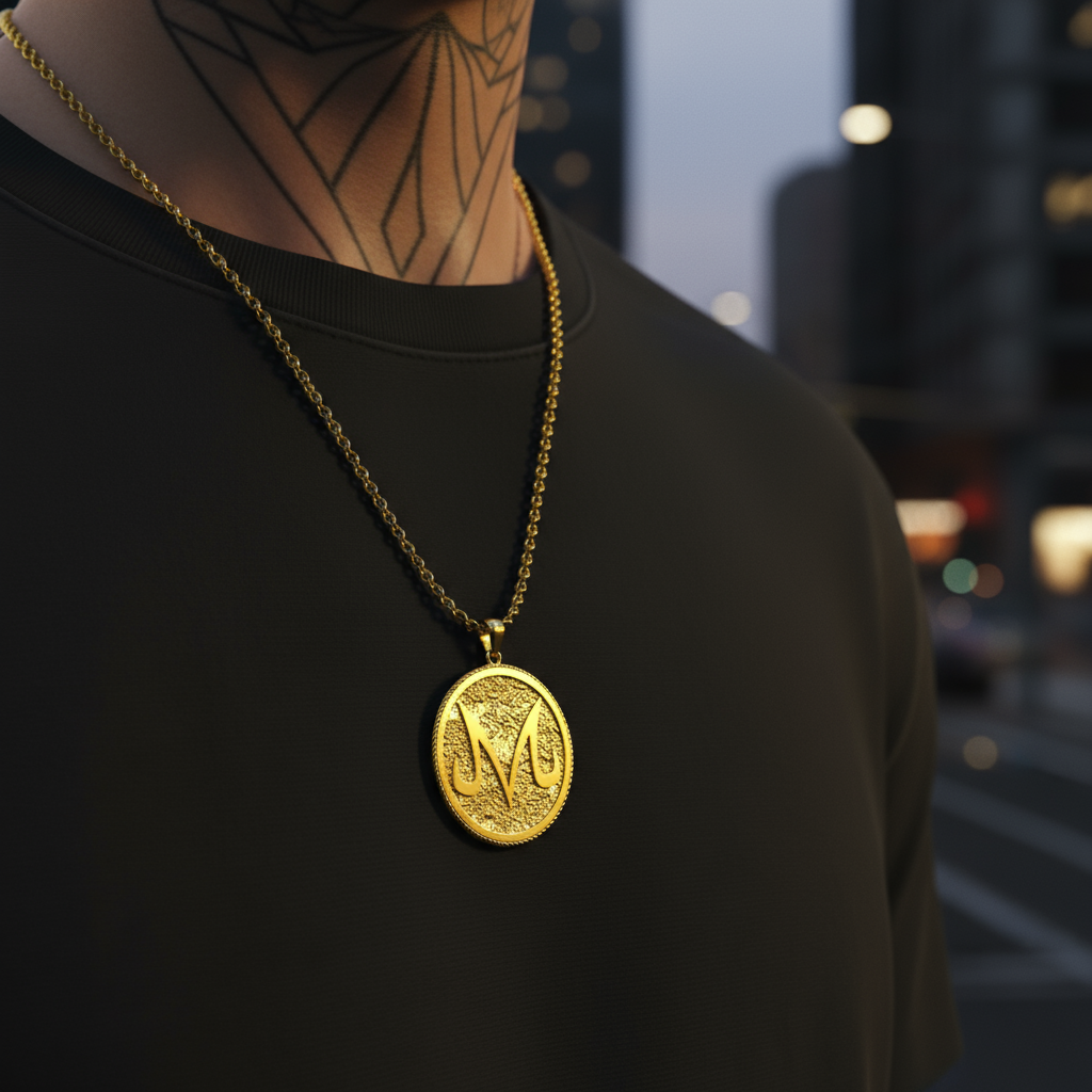 Close-up of The Majin M Pendant in gold worn on a chain by a person in an urban setting, showcasing its intricate design.