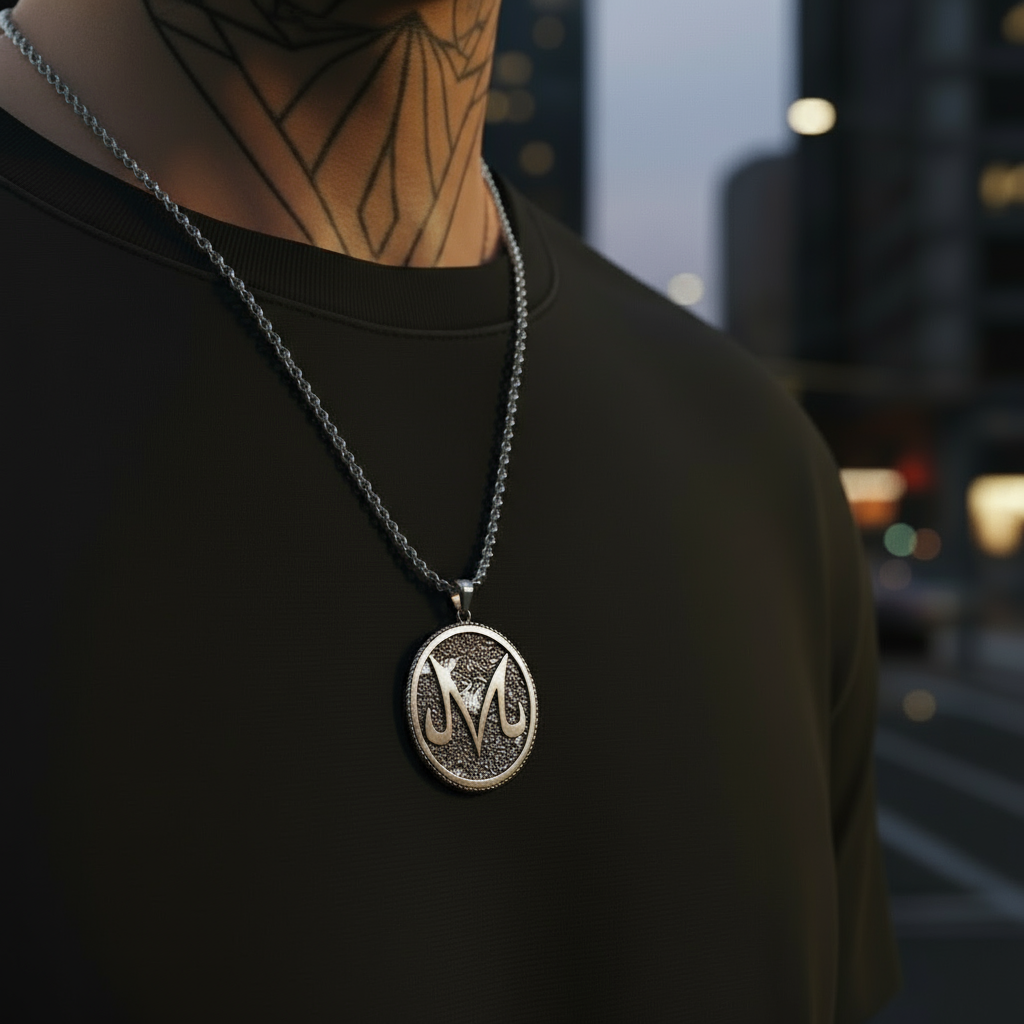 Close-up of The Majin M Pendant in 925 sterling silver worn by a person in urban setting.