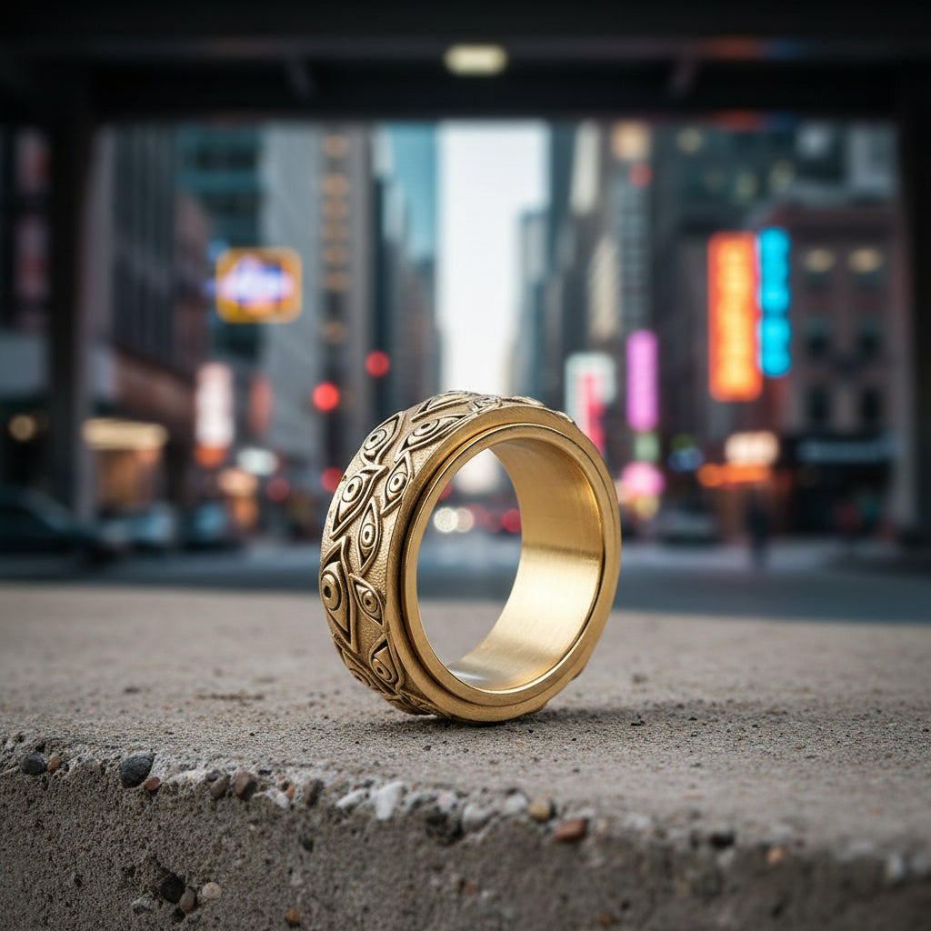 Gold ring with intricate patterns on a light gray background