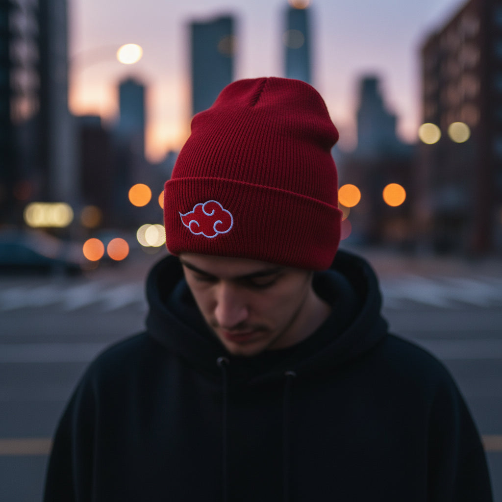 Red beanie with a white cloud logo on a white background