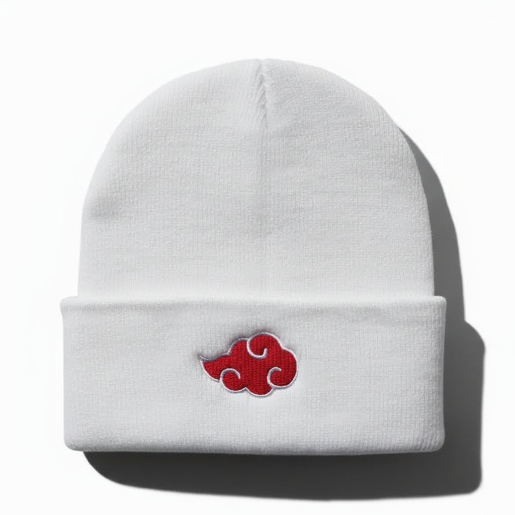 A collection of anime-inspired beanies in black, red, white, and gray, each featuring a red cloud logo.