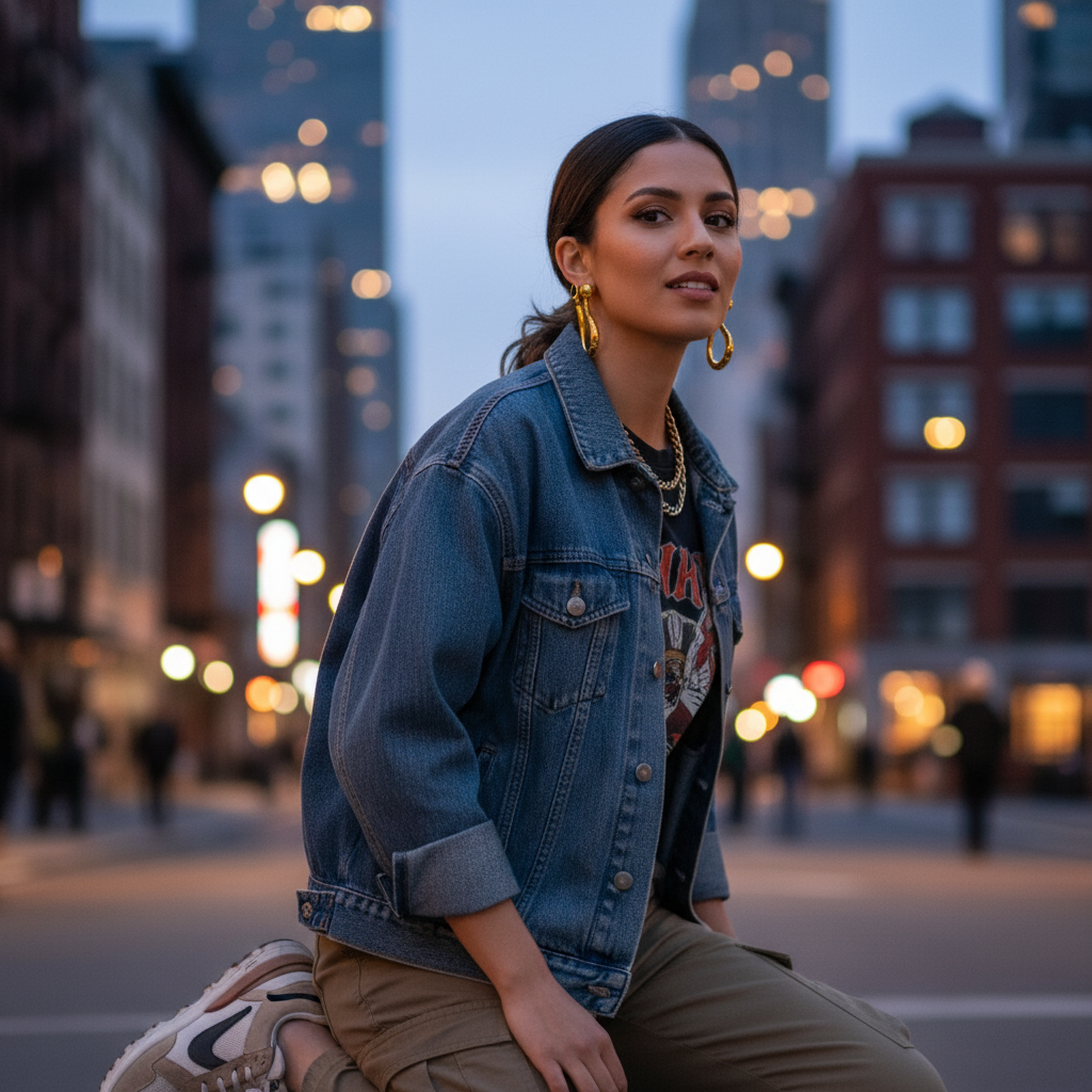 Woman in a denim jacket and casual outfit sitting on a city street at dusk.