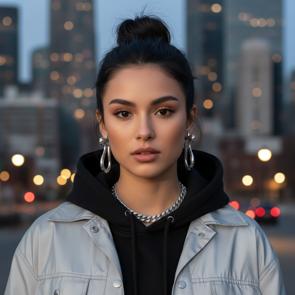 Woman wearing a black hoodie and light jacket with a cityscape in the background