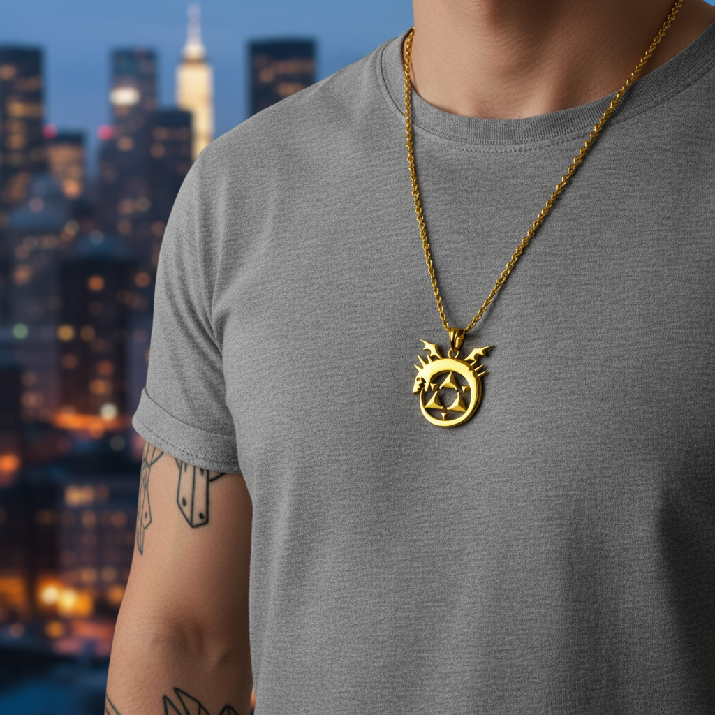 A silver pendant featuring a winged serpent consuming its own tail, encircled by a hexagram, against a dark background with a stylized eye.