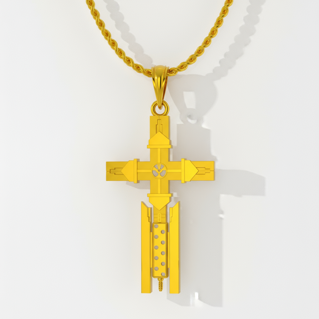 A silver cross-shaped pendant with intricate details, set against an anime-style background featuring a character and machinery.
