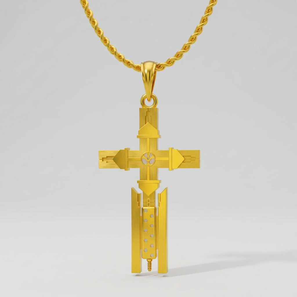 A silver cross-shaped pendant with intricate details, set against an anime-style background featuring a character and machinery.