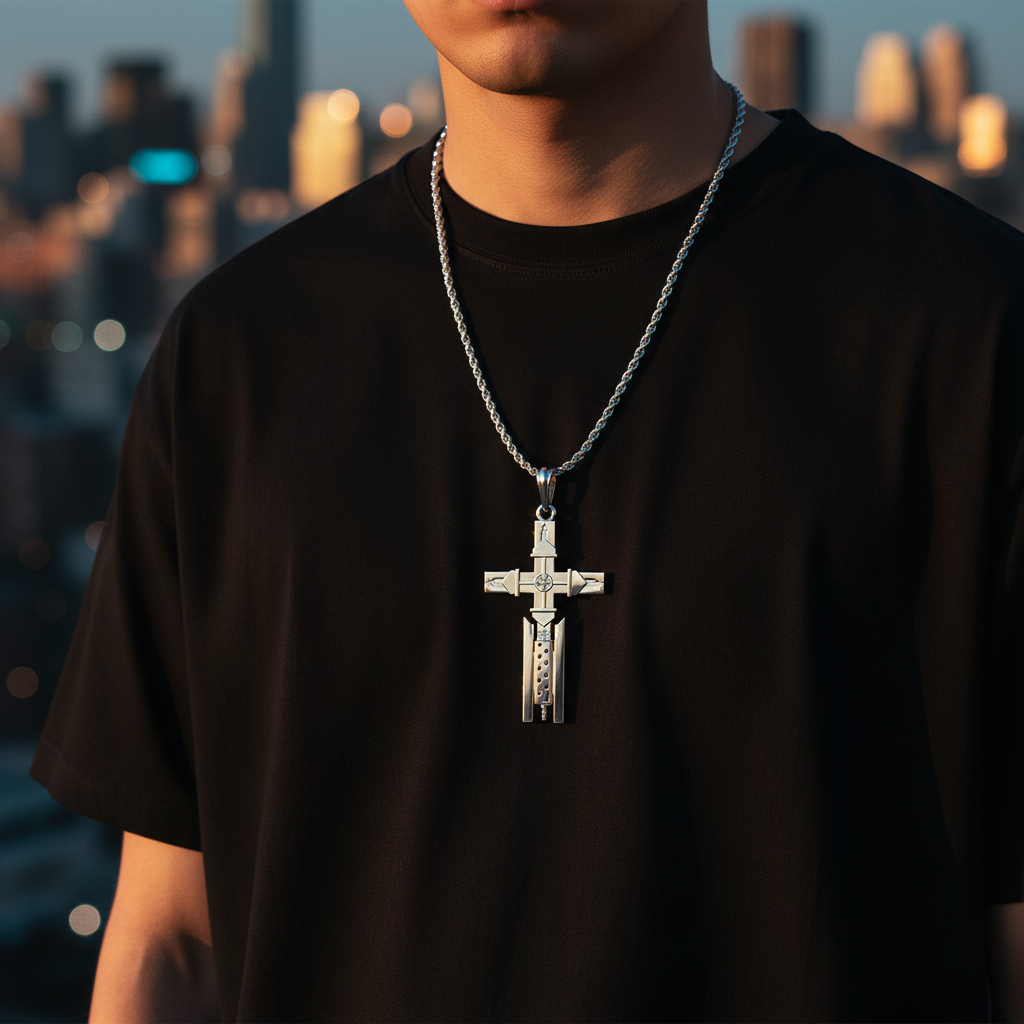 Person wearing a black t-shirt with a silver cross necklace against a blurred cityscape background