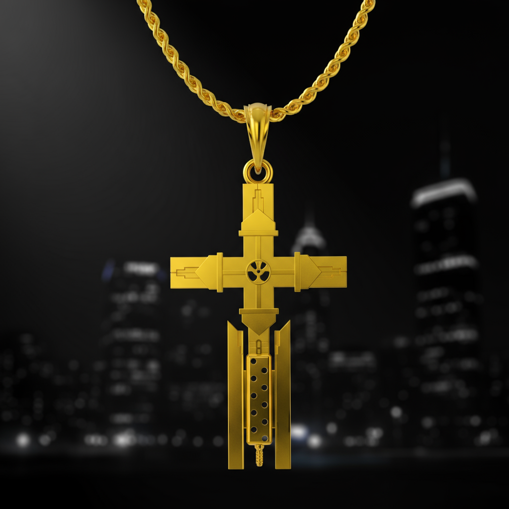 Gold cross pendant necklace on a dark background