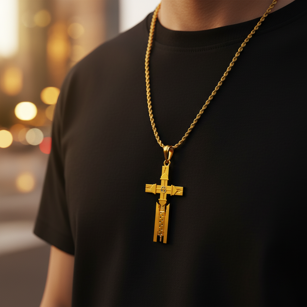 Person wearing a black shirt with a gold cross necklace against a blurred background