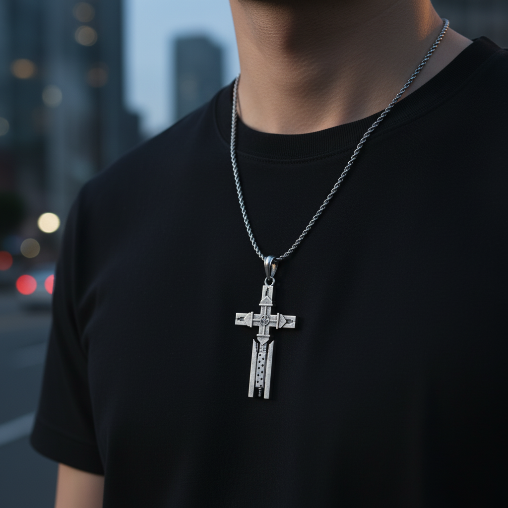 Person wearing a black shirt with a silver cross pendant necklace against a blurred cityscape background.