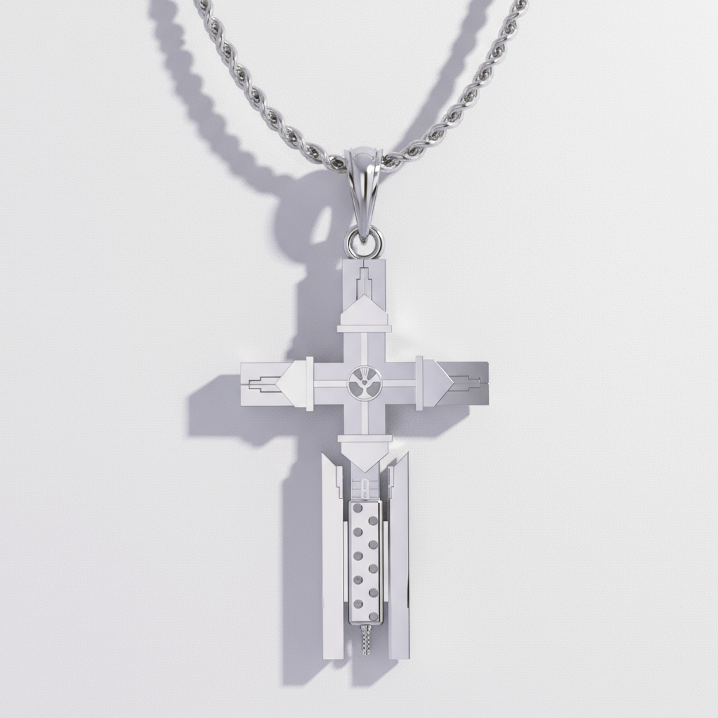 A silver cross-shaped pendant with intricate details, set against an anime-style background featuring a character and machinery.